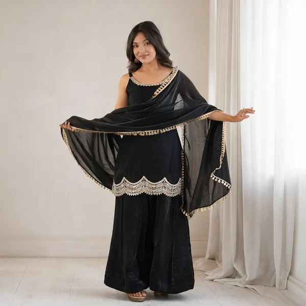 Black_Satin_Silk_Embellished_Kurta_Palazzo_Dupatta_Set_For_Women