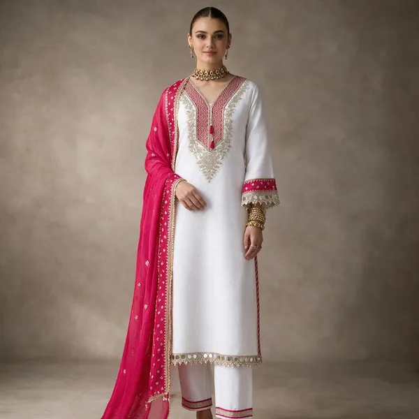 White_And_Pink_Silk_Satin_Straight_Embroidered_Kurta_Set_For_Women