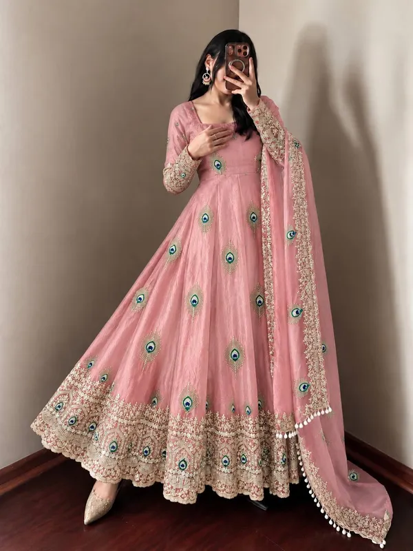 Peach_Satin_Silk_Flared_Embroidered_Anarkali_Suit_Set_For_Women