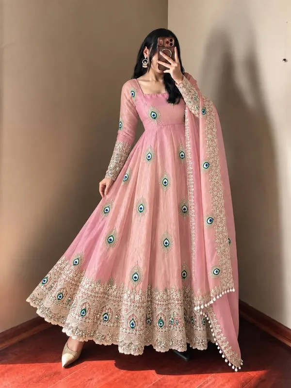Peach_Satin_Silk_Flared_Embroidered_Anarkali_Suit_Set_For_Women