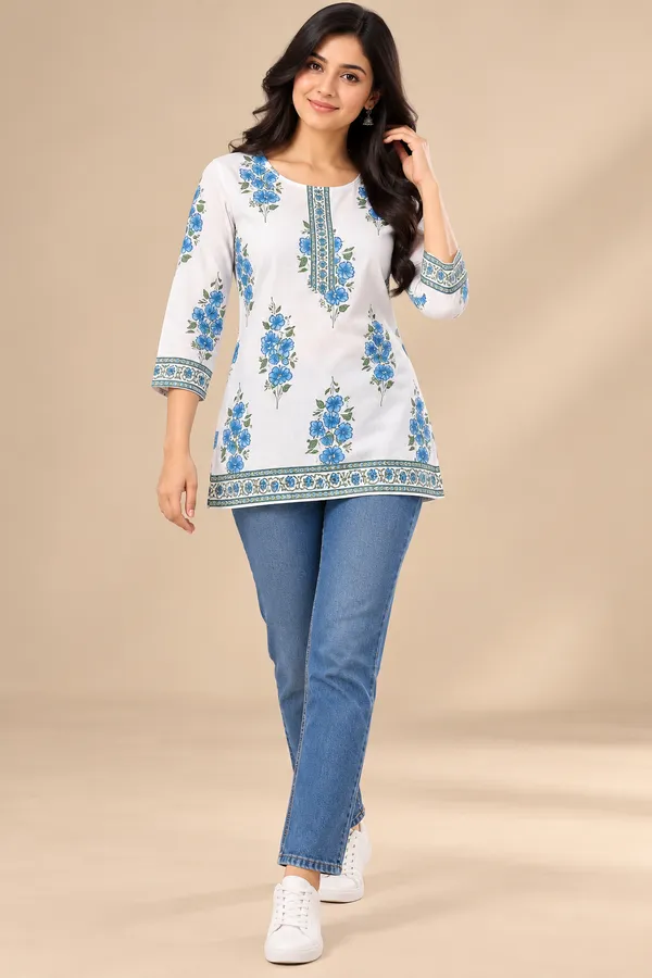 White_Floral_Print_Straight_Kurti_For_Women