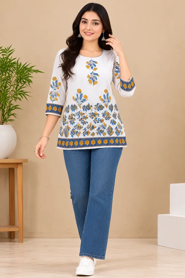 White_Floral_Print_Straight_Kurti_For_Women