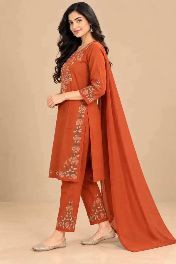Rust_Embroidered_Straight_Kurta_Set_For_Women