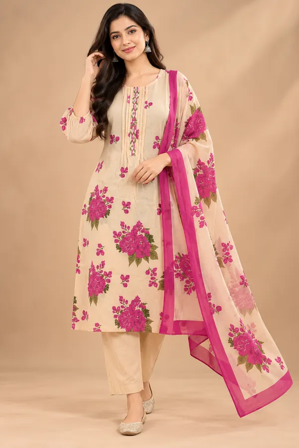 Beige_Floral_Printed_Kurta_Set_For_Women