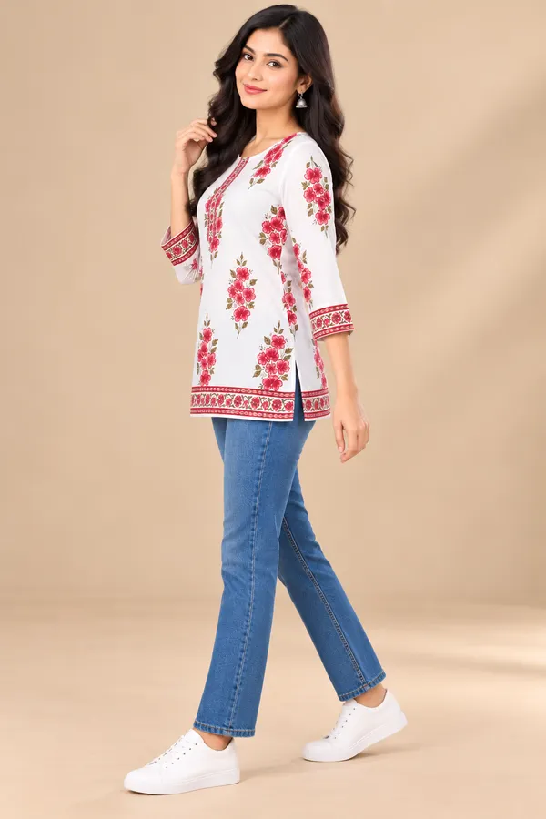 White_Floral_Print_Straight_Kurti_For_Women