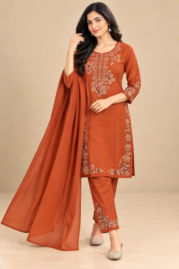 Rust_Embroidered_Straight_Kurta_Set_For_Women