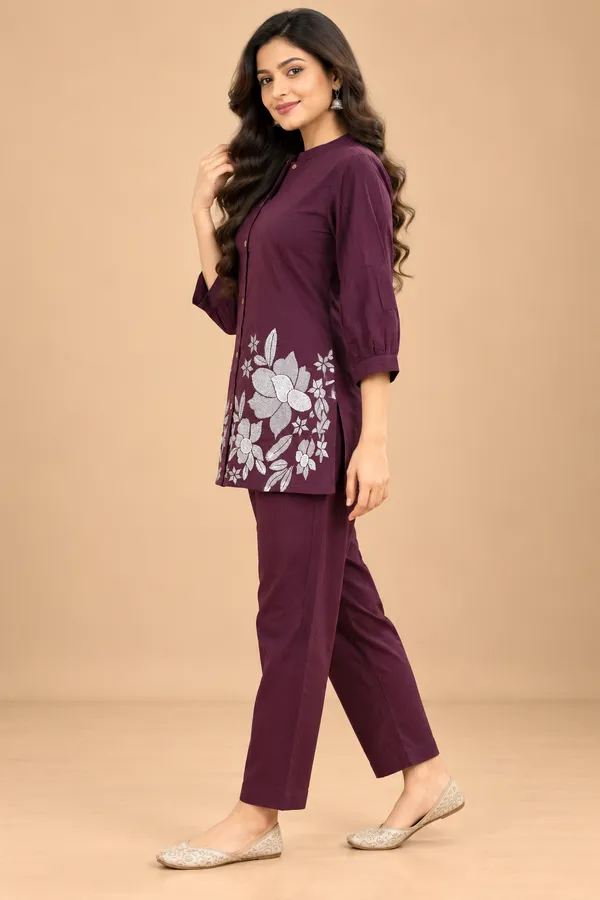 Maroon_Floral_Straight_Kurta_Pant_Co-Ord_Set_For_Women