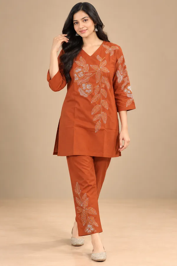 Rust_Embroidered_Straight_Kurta_Set_For_Women
