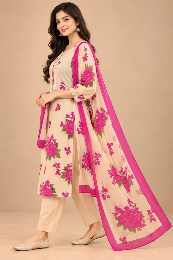 Beige_Floral_Printed_Kurta_Set_For_Women