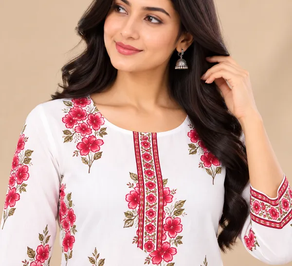 White_Floral_Print_Straight_Kurti_For_Women