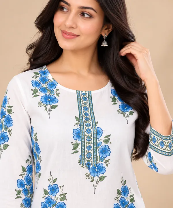 White_Floral_Print_Straight_Kurti_For_Women