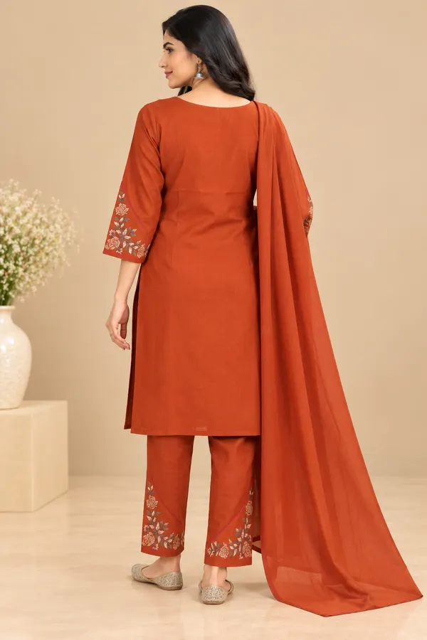 Rust_Embroidered_Straight_Kurta_Set_For_Women