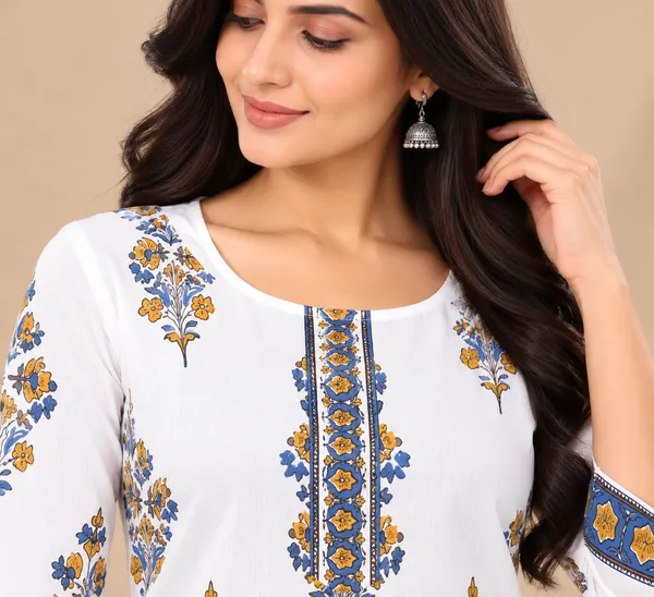 White_Floral_Print_Straight_Kurti_For_Women