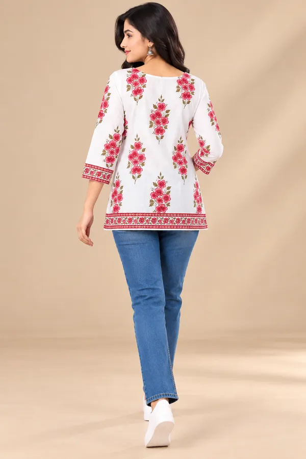 White_Floral_Print_Straight_Kurti_For_Women
