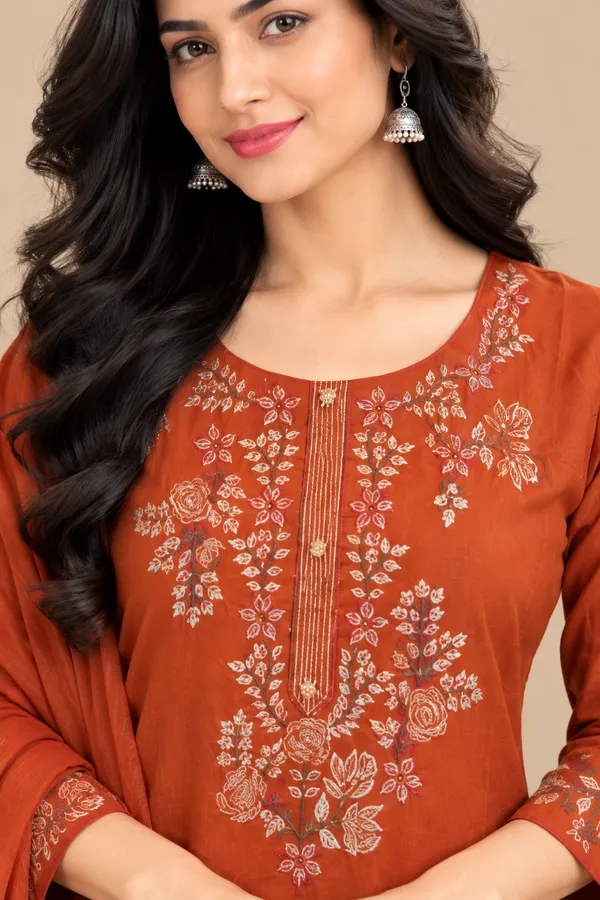 Rust_Embroidered_Straight_Kurta_Set_For_Women