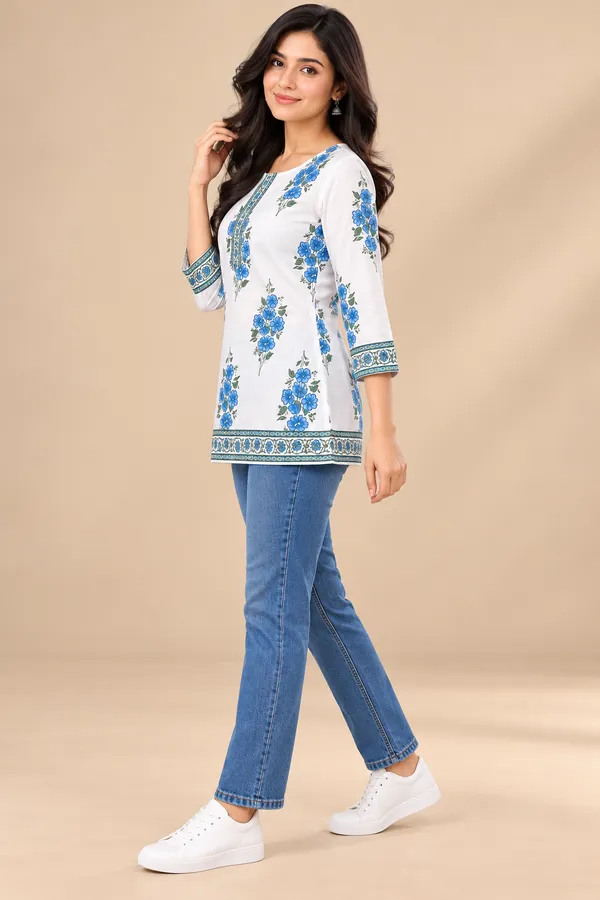 White_Floral_Print_Straight_Kurti_For_Women