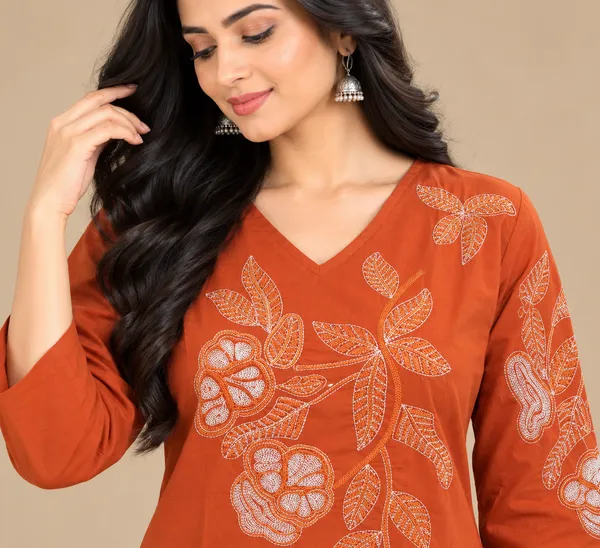 Rust_Embroidered_Straight_Kurta_Set_For_Women