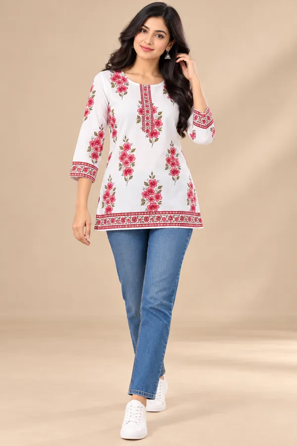 White_Floral_Print_Straight_Kurti_For_Women