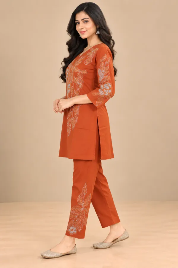 Rust_Embroidered_Straight_Kurta_Set_For_Women