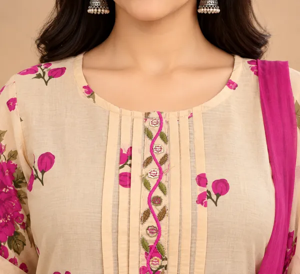 Beige_Floral_Printed_Kurta_Set_For_Women