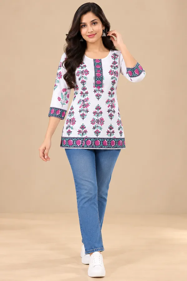 White_Floral_Print_Straight_Kurti_For_Women