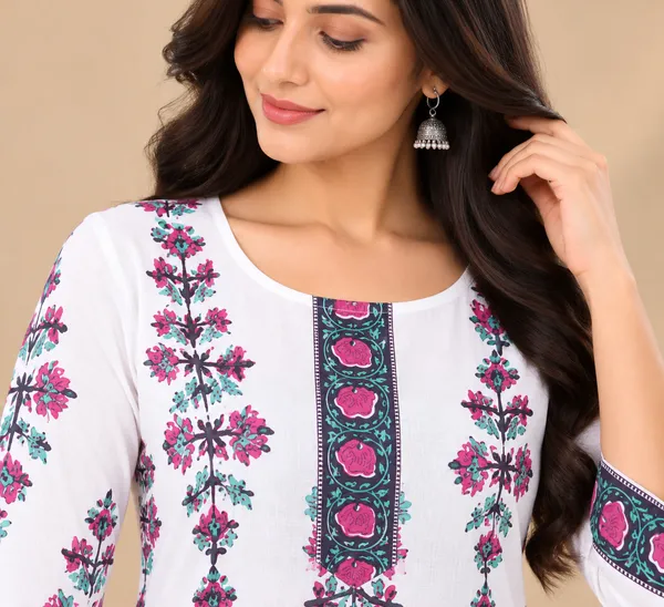 White_Floral_Print_Straight_Kurti_For_Women