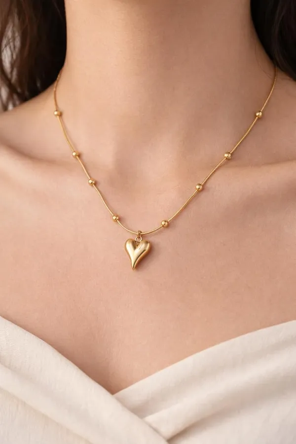 D_Glamm_Fashion_Gold_Puffy_Heart_Necklace_Beaded_Snake_Chain_Anti_Tarnish_Adjustable_Lobster_Clasp