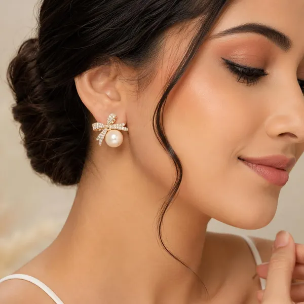 D_Glamm_Fashion_Pearl_Drop_Earring_With_Crystal_Embellished_Bow_Gold_Tone_For_Girls_And_Women