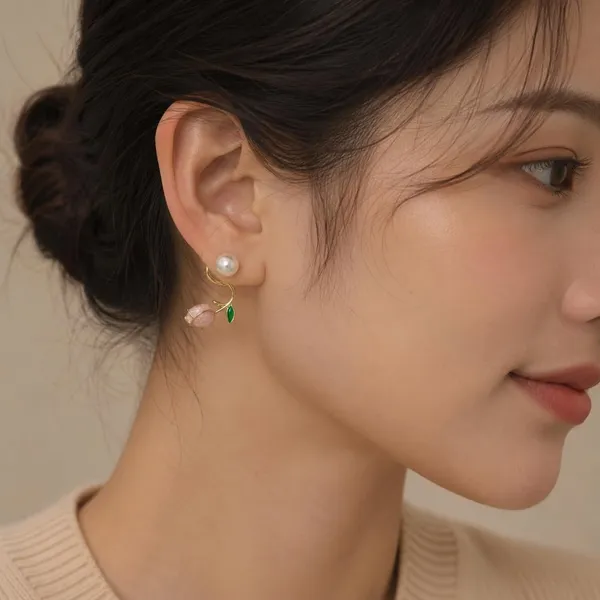D_Glamm_Fashion_Pearl_And_Pink_Stone_Tulip_Flower_Earring_For_Women_Gold_Tone_With_Green_Enamel_Leaf_Detail
