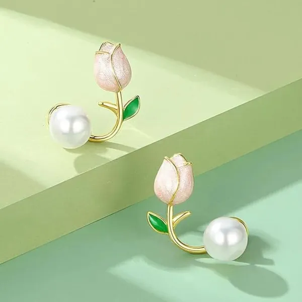 D_Glamm_Fashion_Pearl_And_Pink_Stone_Tulip_Flower_Earring_For_Women_Gold_Tone_With_Green_Enamel_Leaf_Detail