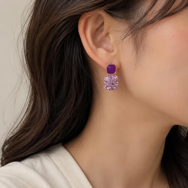D_Glamm_Fashion_Purple_Crystal_Rhinestone_Drop_Earrings_Square_Shape_Gold_Tone_Setting_Statement_Jewellery
