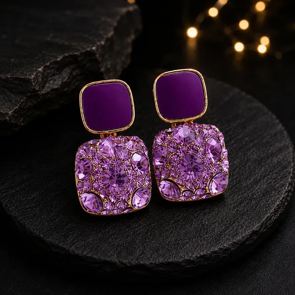 D_Glamm_Fashion_Purple_Crystal_Rhinestone_Drop_Earrings_Square_Shape_Gold_Tone_Setting_Statement_Jewellery