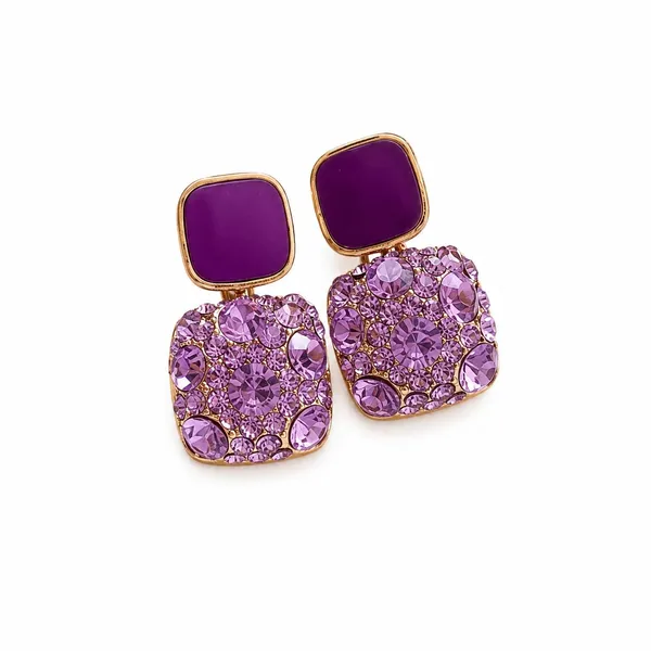 D_Glamm_Fashion_Purple_Crystal_Rhinestone_Drop_Earrings_Square_Shape_Gold_Tone_Setting_Statement_Jewellery