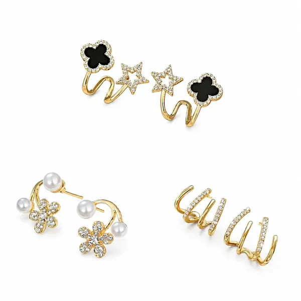 D_Glamm_Fashion_Gold_Tone_Ear_Cuff_Set_With_Crystal_Stars_Black_Clover_Pearl_Flower_Earrings_Fashion_Jewellery