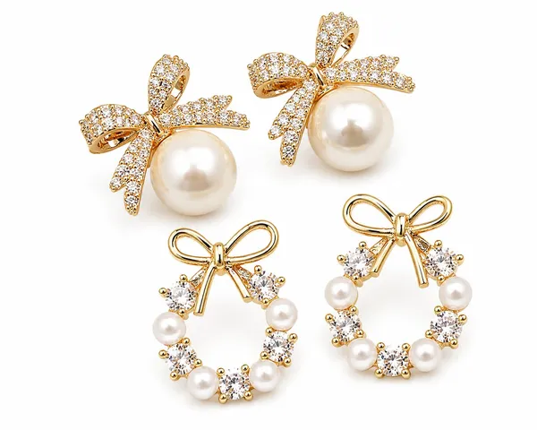 D_Glamm_Fashion_Pearl_And_Crystal_Bow_Earrings_Gold_Tone_Stud_And_Wreath_Drop_Style_Set_Of_2_Pairs