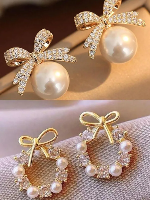 D_Glamm_Fashion_Pearl_And_Crystal_Bow_Earrings_Gold_Tone_Stud_And_Wreath_Drop_Style_Set_Of_2_Pairs