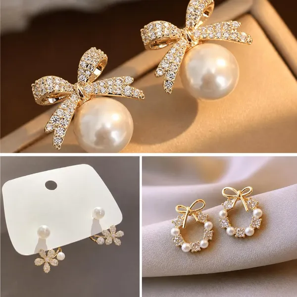 D_Glamm_Fashion_Pearl_And_Crystal_Bow_Stud_Earrings_Gold_Tone_Elegant_Wreath_Design_Fashion_Jewellery_Set