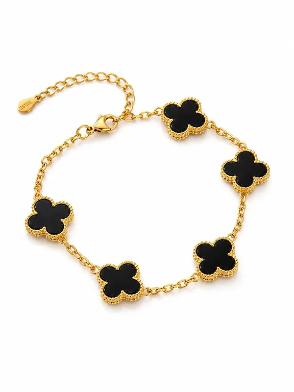 D_Glamm_Fashion_Gold_Tone_Stainless_Steel_Black_Clover_Charm_Chain_Bracelet