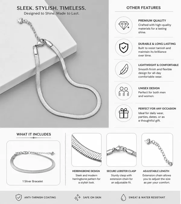 D_Glamm_Fashion_Herringbone_Bracelet_Silver_Stainless_Steel_With_Lobster_Clasp