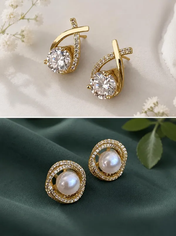 D_Glamm_Fashion_Gold_Tone_Cz_And_Pearl_Stud_Earrings_Set_Of_2_Pairs