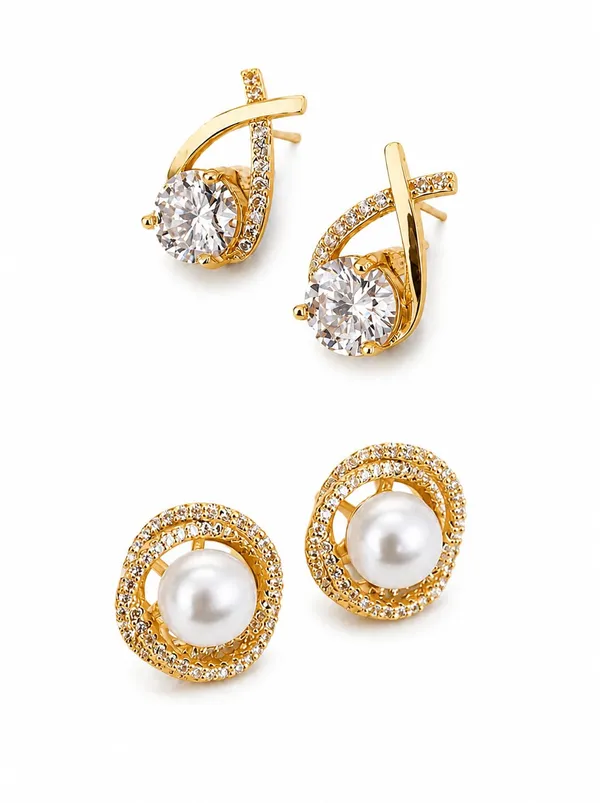 D_Glamm_Fashion_Gold_Tone_Cz_And_Pearl_Stud_Earrings_Set_Of_2_Pairs
