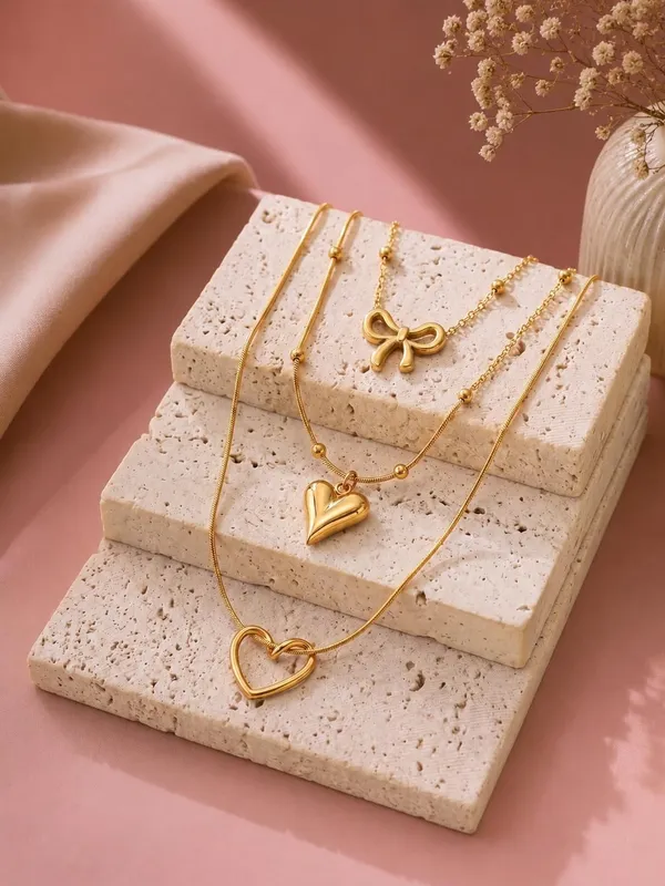 D_Glamm_Fashion_Gold_Tone_Heart_And_Bow_Charm_Necklace_Set