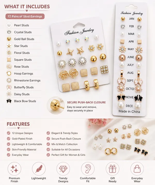 D_Glamm_Fashion_Fashion_Jewelry_Stud_Earrings_Set_Gold_Tone_12_Pairs