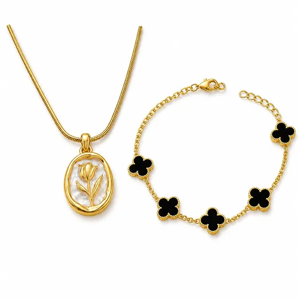 D_Glamm_Fashion_Gold_Tone_Tulip_Pendant_Necklace_And_Clover_Bracelet_Set