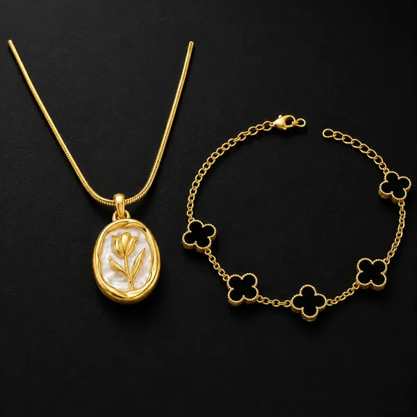 D_Glamm_Fashion_Gold_Tone_Tulip_Pendant_Necklace_And_Clover_Bracelet_Set