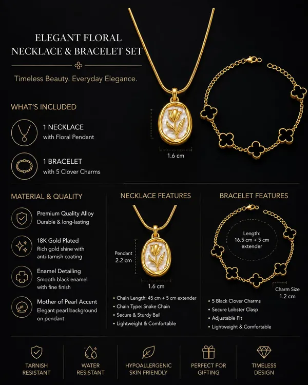 D_Glamm_Fashion_Gold_Tone_Tulip_Pendant_Necklace_And_Clover_Bracelet_Set