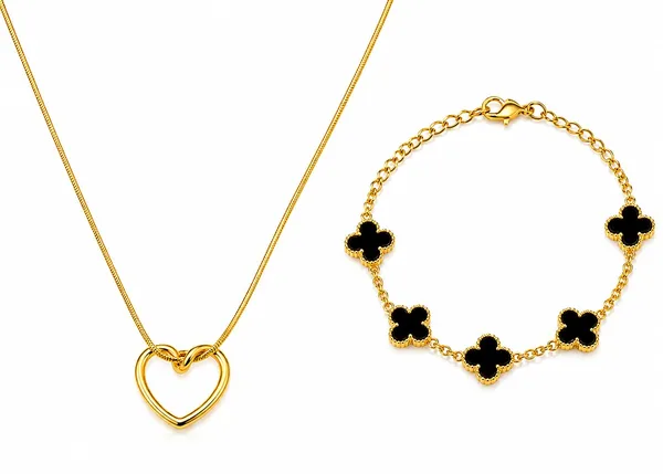 D_Glamm_Fashion_Gold_Tone_Heart_Pendant_Necklace_And_Clover_Bracelet_Set