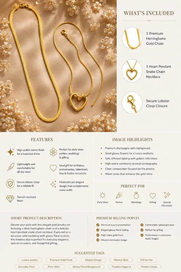 D_Glamm_Fashion_Gold_Tone_Herringbone_Chain_And_Heart_Pendant_Snake_Chain_Necklace_Set