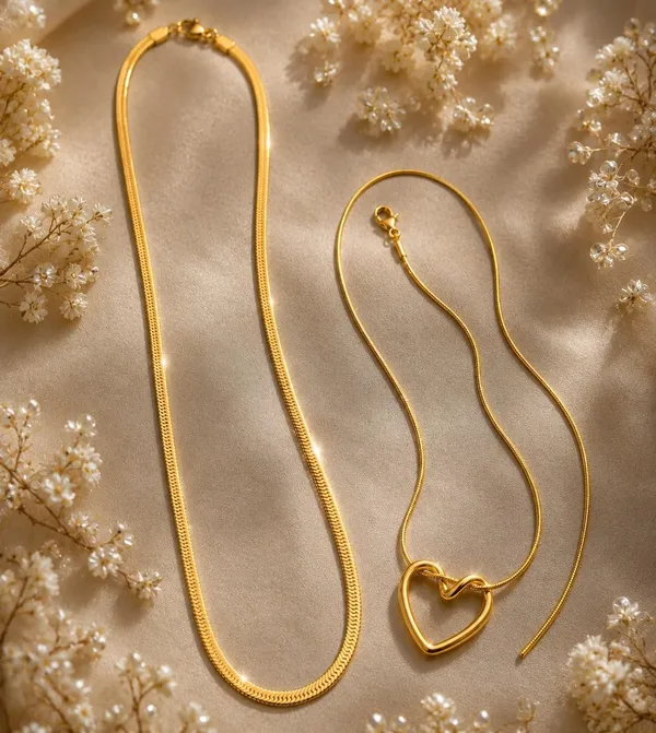D_Glamm_Fashion_Gold_Tone_Herringbone_Chain_And_Heart_Pendant_Snake_Chain_Necklace_Set