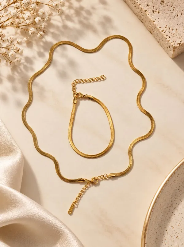 D_Glamm_Fashion_18K_Gold_Plated_Herringbone_Snake_Chain_Necklace_And_Bracelet_Set